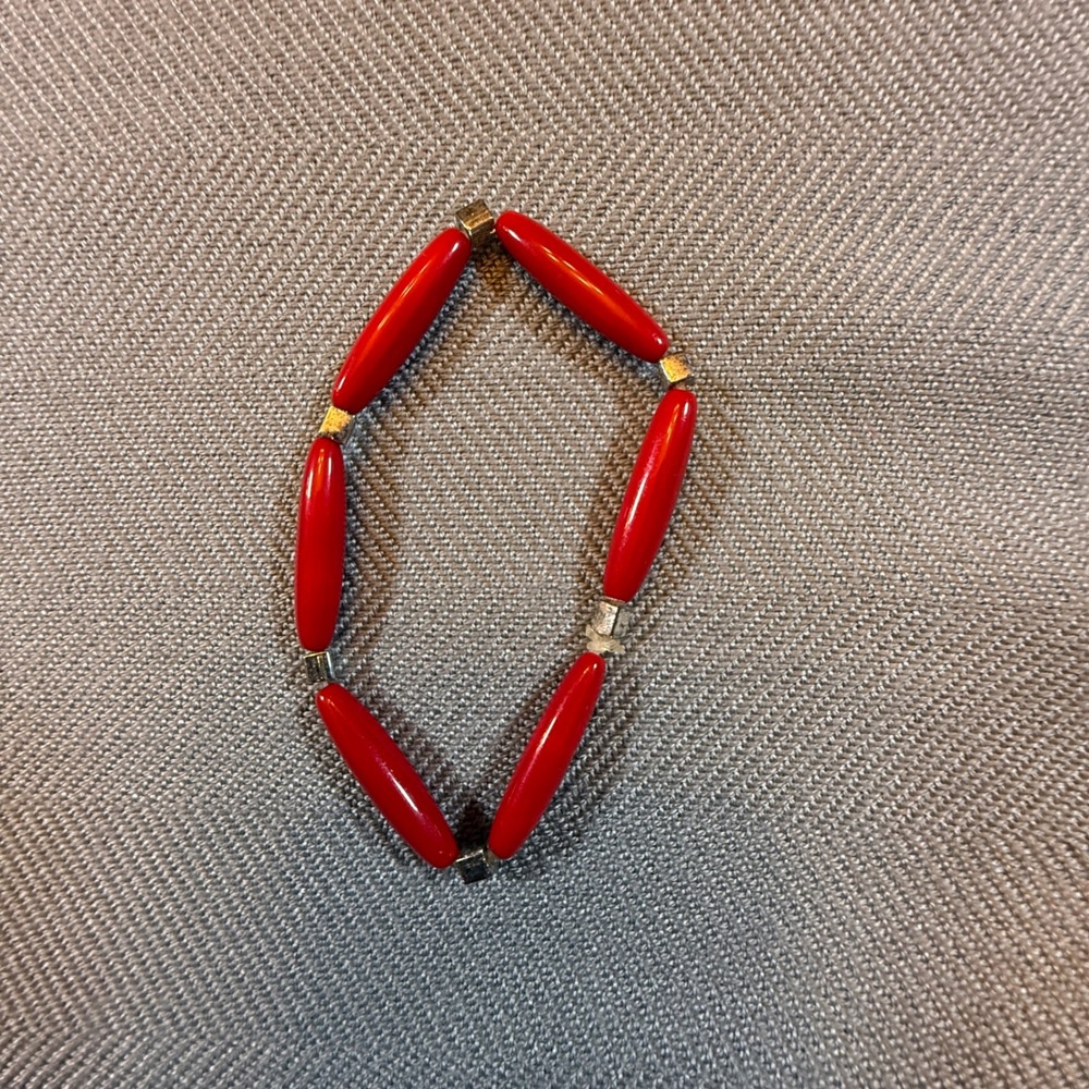 Red Bead Stretch Bracelet Silver Tone Spacer Accents Minimalist Jewelry